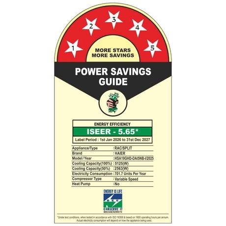 Haier 1.6 Ton 5 Star Split Inverter Air Conditioner, HSA19GHD-DAI5NB-I-8