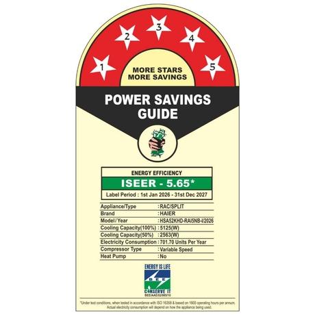 Haier 1.6 Ton 5 Star Inverter Split Air Conditioner, HSA52KHD-RAI5NB-I-9