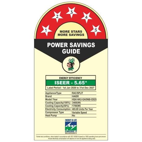 Haier 1 Ton 5 Star Inverter Split Air Conditioner, HSA14KU-GAI5NB-I-10