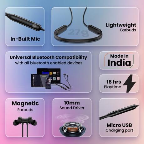 Hammer Splendor in Ear Bluetooth Neckband with Magnetic Earbuds, Deep Bass, Built-in Mic, Upto 18 Hrs Playtime, BT v5.2, Micro USB Charging Port (Black)-1