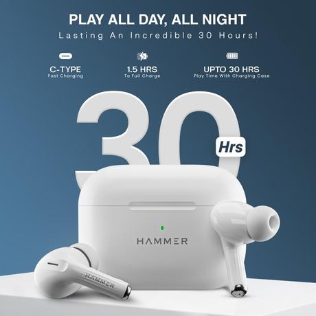 HAMMER Aeromax ANC (32 dB) TWS, BT v5.4, Low Latency, In-Ear Bluetooth Earbuds with Clear ENC Calling, Quad Mics, Type-C, Touch Controls, Deep Bass, 30 Hrs Playtime (White)-4