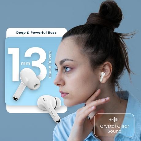 HAMMER Aeromax ANC (32 dB) TWS, BT v5.4, Low Latency, In-Ear Bluetooth Earbuds with Clear ENC Calling, Quad Mics, Type-C, Touch Controls, Deep Bass, 30 Hrs Playtime (White)-5