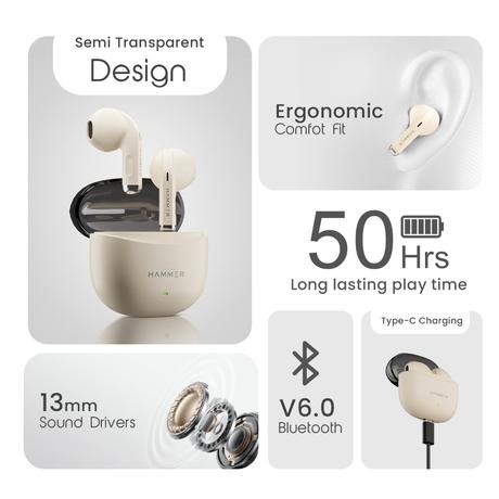 Hammer TWS Ultra Pods Earbuds, Beige-5