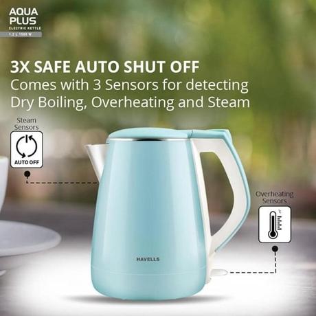 Havells Aqua Plus, 1.2 Litres, Stainless Steel Kettle, 360 Degree Cordless Kettle, Boil Dry Protection, Auto Shut off, Assorted colour's (Black/Blue)-6