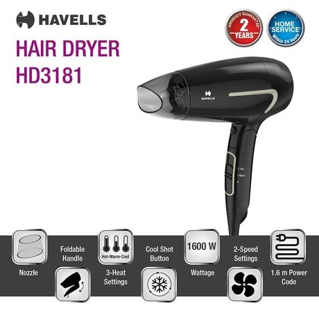 Havells 1600 Watts Hair Dryer, 3 Heat Settings, Heat Balance Technology, Cool Shot Button, HD3181, Black-4