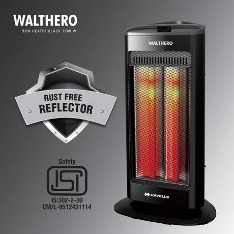 Havells Walthero 1000 Watt Room Heater with Two Carbon Heating Tubes, Tip Over Protection, Silent Operation, Anti Rust Protection, 2 years Manufacturer Warranty (Black)-1