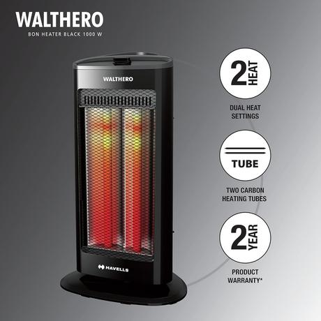 Havells Walthero 1000 Watt Room Heater with Two Carbon Heating Tubes, Tip Over Protection, Silent Operation, Anti Rust Protection, 2 years Manufacturer Warranty (Black)-4