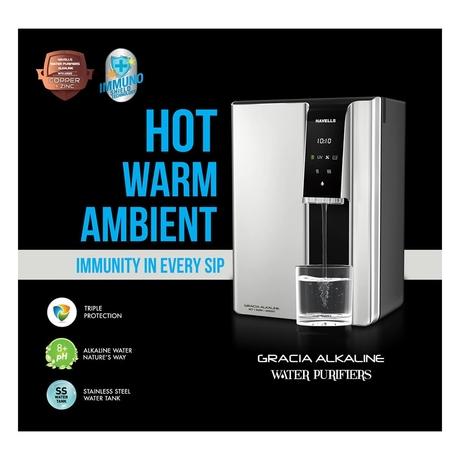 Havells Gracia Alkaline, 7.5 Litres, 60 Watts, RO + UV Water Purifier, 8 Stage Purification Technology, Silver and Black-3