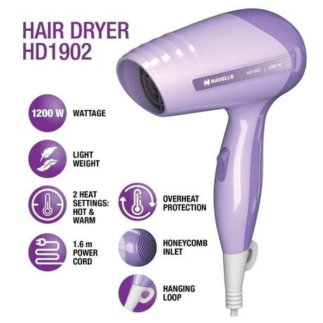 Havells 1200 Watts, Hair Dryer, 2 Heat Settings, 2 Speed Settings, HD1902, Lavender-5