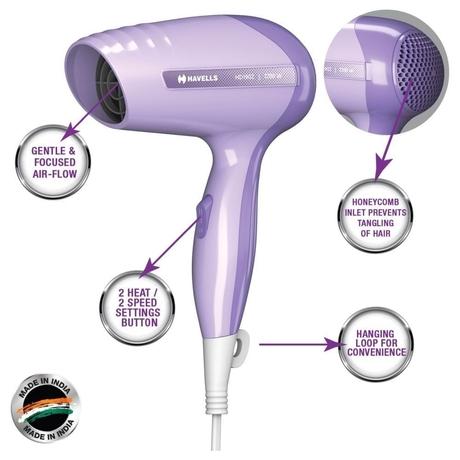 Havells 1200 Watts, Hair Dryer, 2 Heat Settings, 2 Speed Settings, HD1902, Lavender-8