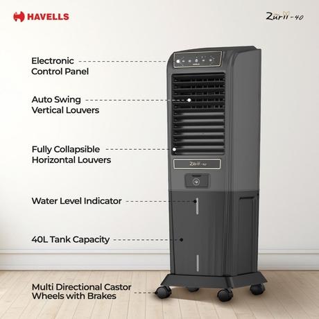 Havells Zurii 40 Tower Cooler, 40 L, Black & Grey-1