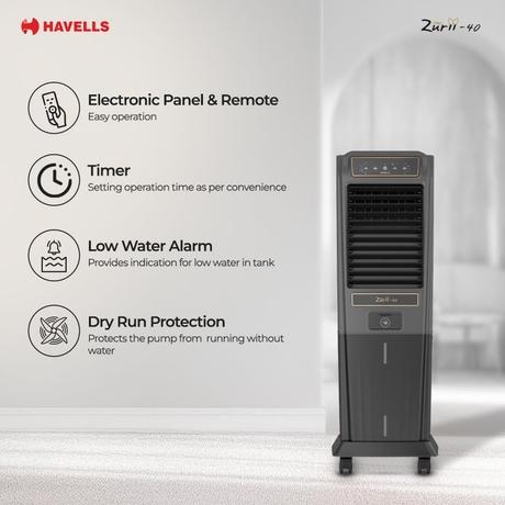 Havells Zurii 40 Tower Cooler, 40 L, Black & Grey-3