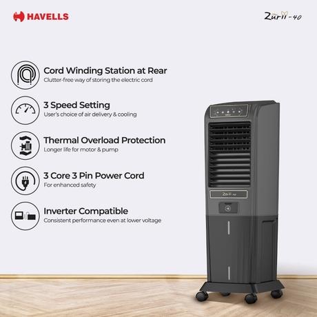 Havells Zurii 40 Tower Cooler, 40 L, Black & Grey-5