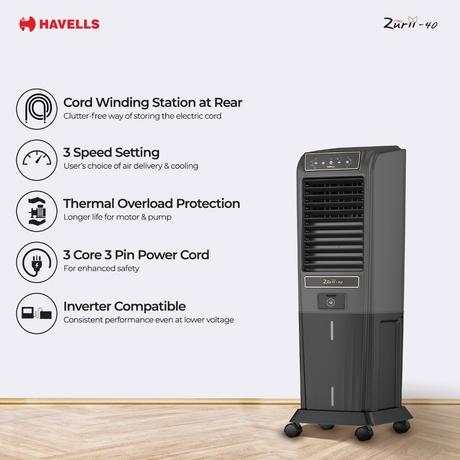 Havells Zurii 40 Tower Cooler, 40 L, Black & Grey-5