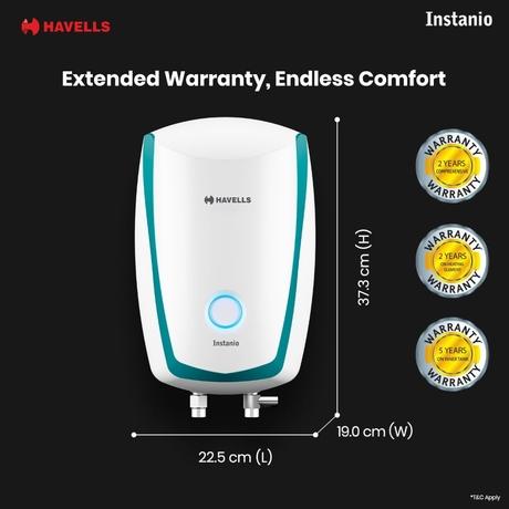 Havells Instanio Prime 3 Litres Instant Water Heater (Geyser), 3000 W Power, Heavy Duty Heating Element, High Working Pressure 0.8 MPa, Fire Retardant Power Cord (White Blue)-1