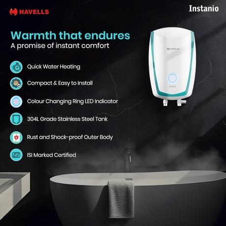 Havells Instanio Prime 3 Litres Instant Water Heater (Geyser), 3000 W Power, Heavy Duty Heating Element, High Working Pressure 0.8 MPa, Fire Retardant Power Cord (White Blue)-2
