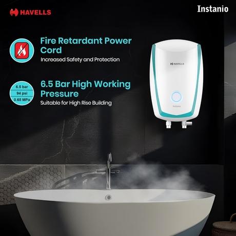 Havells Instanio Prime 3 Litres Instant Water Heater (Geyser), 3000 W Power, Heavy Duty Heating Element, High Working Pressure 0.8 MPa, Fire Retardant Power Cord (White Blue)-5