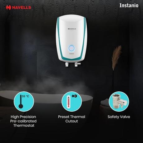 Havells Instanio Prime 3 Litres Instant Water Heater (Geyser), 3000 W Power, Heavy Duty Heating Element, High Working Pressure 0.8 MPa, Fire Retardant Power Cord (White Blue)-6