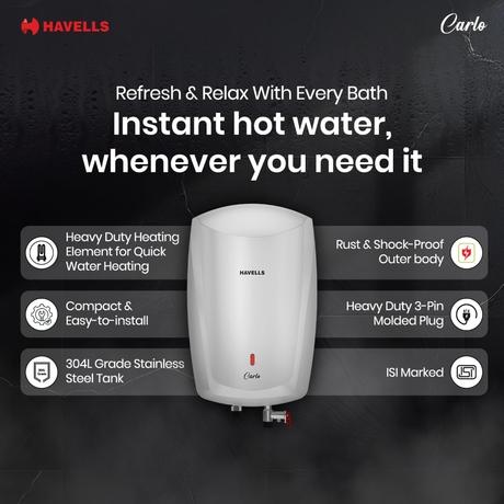 Havells Carlo 5 Litre Instant Water Heater, Color Changing LED Indicator, Rust and shock proof, ISI Certified, Fire retardant power cord; Warranty: 5 Yr on inner tank & 2 Yr comprehensive, (White)-1