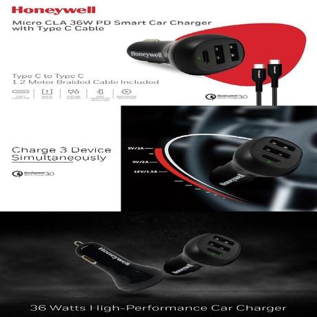 Honeywell CHGCLAPDQC36W Micro CLA 36W PD Smart Car Charger with Type C Cable, Black-3