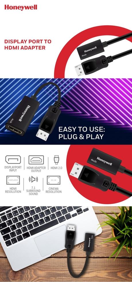 Honeywell Display Port to HDMI Adapter, 4K 3D Resolution with Surround Sound Audio Support, Male-Female Adapter, Compatible with LED Displays, Laptop, Gaming Console, Projector- Black-3
