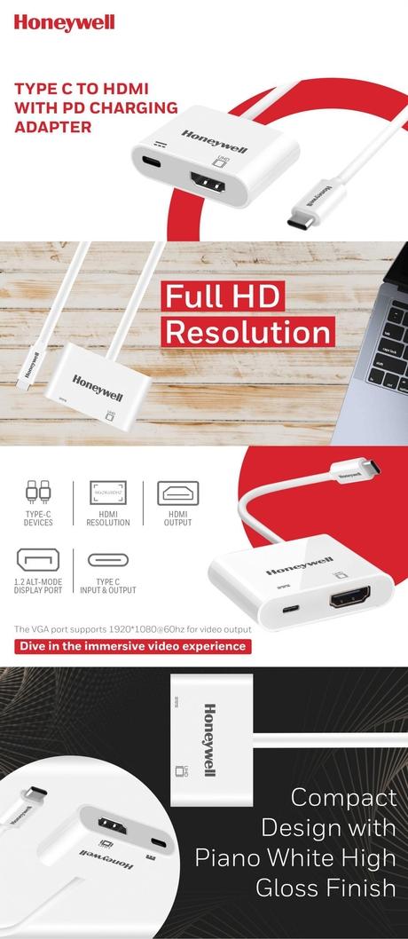 Honeywell Platinum Series Type C to HDMI with PD Charging Adapter, White,ADPWHT-3