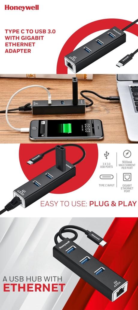 Honeywell 4-in-1 Type C 3.1 to USB 3.0 with RJ45 Gigabit Ethernet Adapter, 3x3.0 USB Ports Transfer Speed 5Gbps, 1Gbps Bandwidth, Universally Compatible with all Type C MacBooks, laptops, PCs, Tablets-5