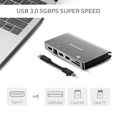 Honeywell 8-in-1 Type C Ultra Dock with 4K HDMI, VGA, RJ45 Ethernet, 2xUSB 3.0 & Type C 3.0 port, SD & Micro SD slot, Compatible with all Type C Devices- MacBook Laptop, PC, thunderbolt 3-4