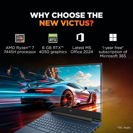 HP Victus 15-Fb3124AX Gaming Laptop (AMD Ryzen 7 7445H/16 GB /512 GB SSD/6 GB-Nvidia GeForce RTX 4050 /Windows 11 Home/MS Office Home 2024 + 1 year M365 Basic/Full HD), 39.62 cm - 15.6 inch, Performance Blue-1