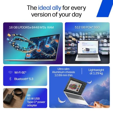 HP OmniBook 5 NGAI 14-he0014QU Standard Laptop (Snapdragon X X1-26-100/16 GB /512 GB SSD/Qualcomm Adreno GPU/Windows 11 Home/MS Office Home 2024 + 1 year M365 Basic/Full HD), 35.6 cm - 14 inch, Glacier Silver Aluminum-1