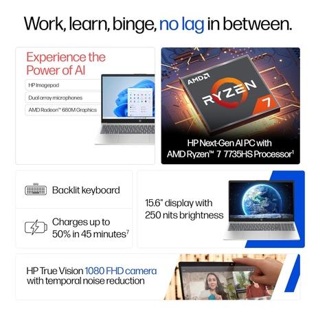 HP 15 15-FC1045AU Standard Laptop (AMD Ryzen 7 7735HS/16 GB/512 GB SSD/AMD Radeon Graphics/Windows 11 Home/MS Office Home 2024/Full HD), 40.9 cm - 16.1 inch, Natural Silver-1