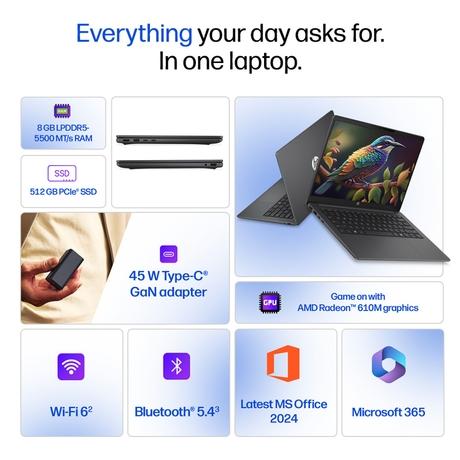 HP OmniBook 3 Laptop, AMD Ryzen 3 30, 8GB LPDDR5 RAM, 512GB SSD, AMD Radeon 610M Graphics, 14 inch (35.56 cm) FHD Anti-Glare 300nits, Backlit Keyboard, Windows 11 Home, MS Office 2024, Mica Silver, 14-HY0034AU-1
