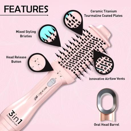 Ikonic Me 3-In-1 Express Styler Hot Air Brush For Women, 1200W Hair Dryer Brush With 1.5-Inch Ceramic Titanium Tourmaline Barrel, Blow Dryer, Hair Straightener, Volumizer Brush, Fast Drying, Frizz-Free Styling, Pink-2