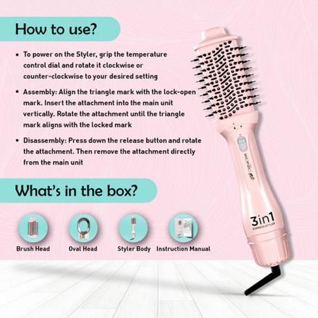 Ikonic Me 3-In-1 Express Styler Hot Air Brush For Women, 1200W Hair Dryer Brush With 1.5-Inch Ceramic Titanium Tourmaline Barrel, Blow Dryer, Hair Straightener, Volumizer Brush, Fast Drying, Frizz-Free Styling, Pink-7