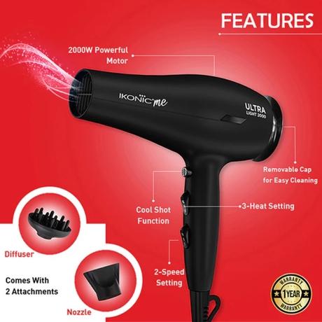 Ikonic Me Ultralight 2000 Hair Dryer, Black-2