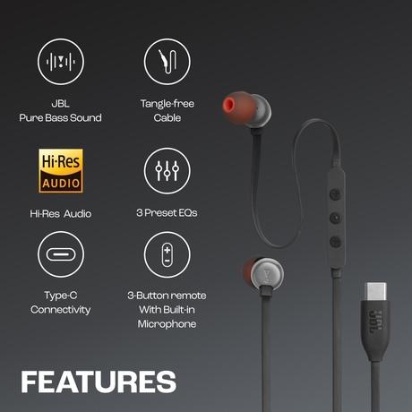 JBL Tune 310 Wired in-Ear Type C Headphones, Hi-Res Audio with Digital-to-Analog Converter, 3-Button EQ Preset Remote with Microphone, Tangle-Free Flat Cable, Compatible with USB-C Devices, Black-2