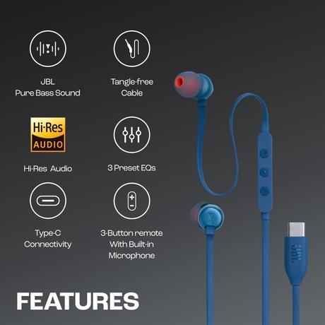 JBL Tune 310 Wired in-Ear Type C Headphones, Hi-Res Audio with Digital-to-Analog Converter, 3-Button EQ Preset Remote with Microphone, Tangle-Free Flat Cable, Compatible with USB-C Devices, Blue-2
