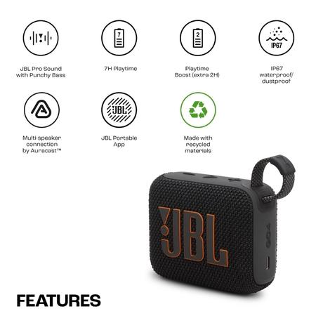 JBL Go 4, Wireless Ultra Portable Bluetooth Speaker, Pro Sound, Vibrant Colors , Water & Dust Proof, Type C (Without Mic.), Black-2