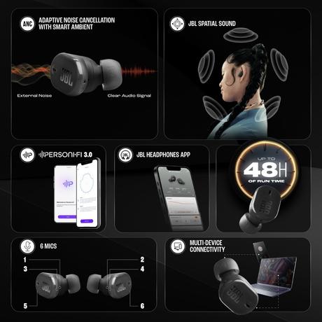 JBL Tune Buds 2 Ear Buds Wireless TWS Bluetooth v5.3 Earbuds with Adaptive NC, Smart Ambient, Extreme Bass & Relax Mode, Multi Connect, Personi-fi 3.0, Speed Charge, Fast Pair, 48 H Playtime, 6 Mics, IP54 (Black)-2