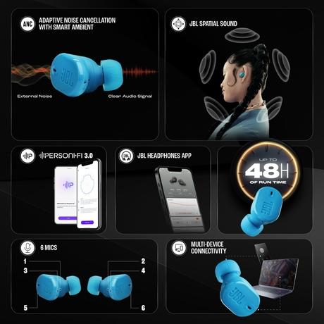 JBL Tune Buds 2 Ear Buds Wireless TWS Bluetooth v5.3 Earbuds with Adaptive NC, Smart Ambient, Extreme Bass & Relax Mode, Multi Connect, Personi-fi 3.0, Speed Charge, Fast Pair, 48 H Playtime, 6 Mics, IP54 (Turquoise Blue)-2