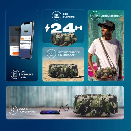 JBL Xtreme 4 Portable Bluetooth Speaker, ProSound with Powerful Bass Radiators, AI Sound Boost, Built-in Powerbank, Multispeaker Connection by Auracast, IP67, Replacable Battery, Fast Charging (Camo)-6