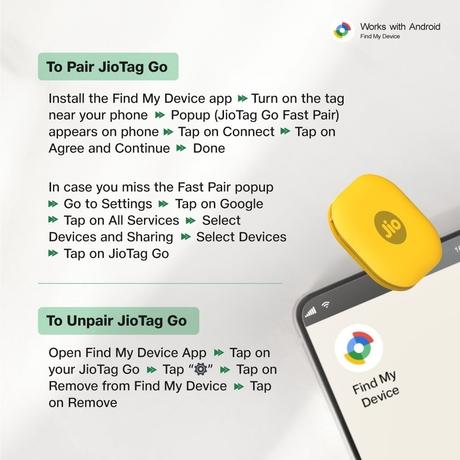 JioTag Go Yellow for Android, India's First Android Tag, Google Find Hub, Worldwide tracking for Keys, Wallets, Luggage, Gadgets and more, 1+1 Year Battery, No SIM Needed, 120 db Sound, Bluetooth v5.3-5