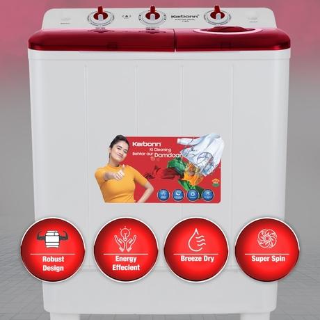 Karbonn 7 Kg Semi Automatic Top Load Washing Machine, White/Red, KJC70S-2024L-2