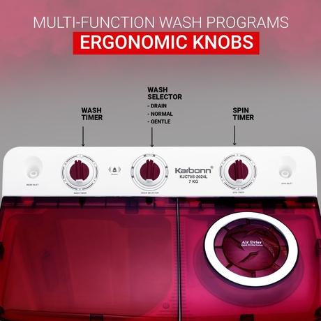 Karbonn 7 Kg Semi Automatic Top Load Washing Machine, White/Red, KJC70S-2024L-7