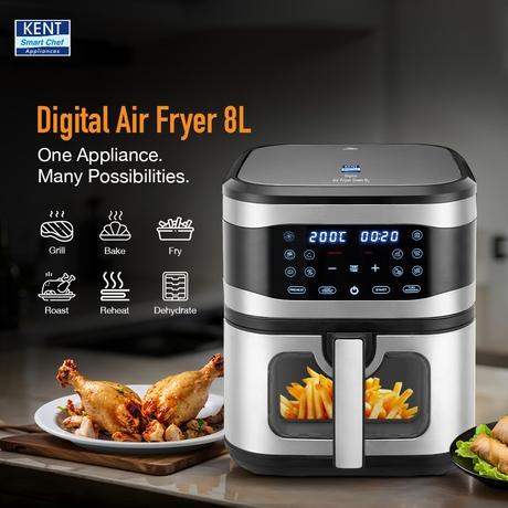 Kent Digital 8 L Air Fryer 1700 W, Black and Silver-1