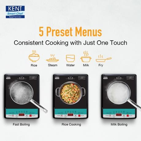 KENT Emerald Induction Cooktop 1500 W, Faster Cooking With 5 Preset Options, Full Microcrystalline Glass, Adjustable Temperature Function, Overheat Protection, Safe Cooking And Easy Cleaning, Black-2