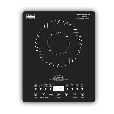 KENT Diamond Induction Cooktop 2000 W, 8 Preset Menu, Full Microcrystalline Glass, Feather Touch Buttons & Led Display, Milk Boiling & Keep Warm Function, Overheat Protection & Auto Turn-Off, Radiant, Black-0