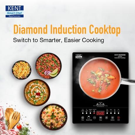KENT Diamond Induction Cooktop 2000 W, 8 Preset Menu, Full Microcrystalline Glass, Feather Touch Buttons & Led Display, Milk Boiling & Keep Warm Function, Overheat Protection & Auto Turn-Off, Radiant, Black-1