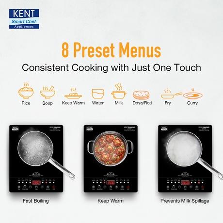 KENT Diamond Induction Cooktop 2000 W, 8 Preset Menu, Full Microcrystalline Glass, Feather Touch Buttons & Led Display, Milk Boiling & Keep Warm Function, Overheat Protection & Auto Turn-Off, Radiant, Black-2