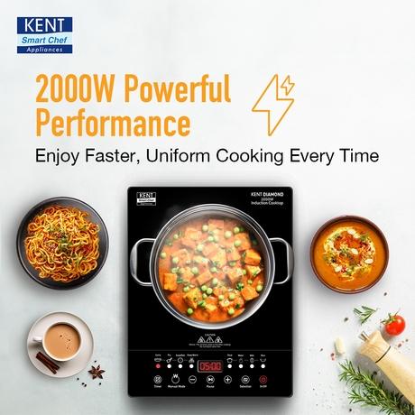 KENT Diamond Induction Cooktop 2000 W, 8 Preset Menu, Full Microcrystalline Glass, Feather Touch Buttons & Led Display, Milk Boiling & Keep Warm Function, Overheat Protection & Auto Turn-Off, Radiant, Black-3